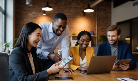 Team members using group chat collaboration tools on their devices in a modern workplace