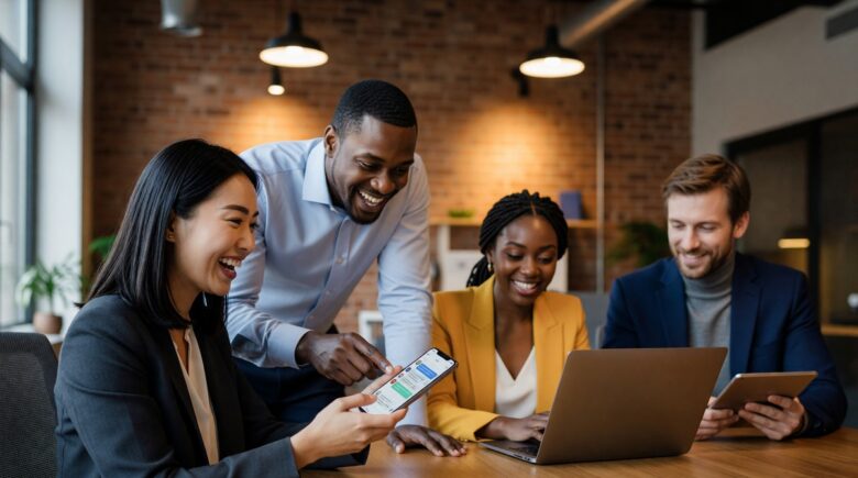 Team members using group chat collaboration tools on their devices in a modern workplace