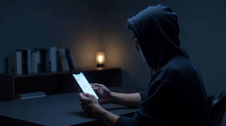 Person sending anonymous messages privately on a smartphone