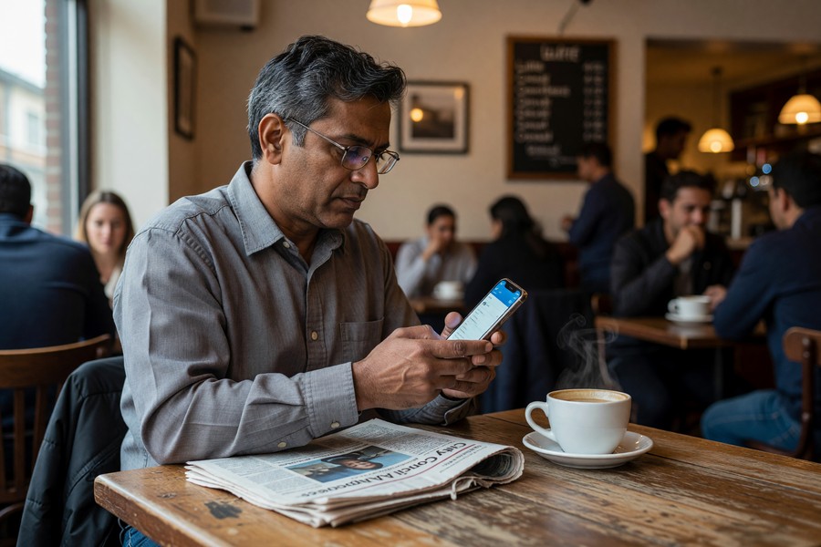 Split-screen comparison showing person using social media versus reading a book in a peaceful environment