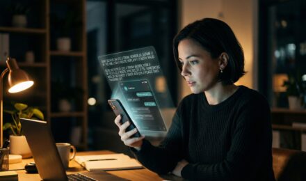 Person on smartphone with message metadata privacy icons and data visualization in the background