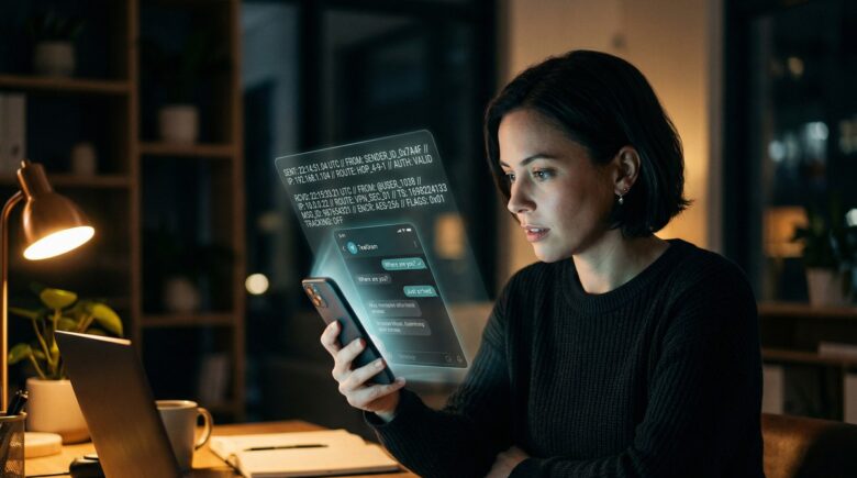 Person on smartphone with message metadata privacy icons and data visualization in the background