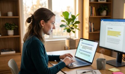 Person using an AI writing assistant app on a laptop to boost productivity