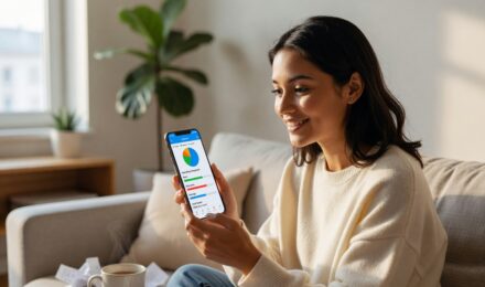 Person relaxing while a budgeting app automatically tracks spending on their smartphone