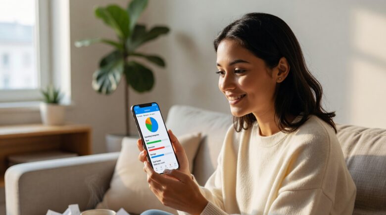 Person relaxing while a budgeting app automatically tracks spending on their smartphone