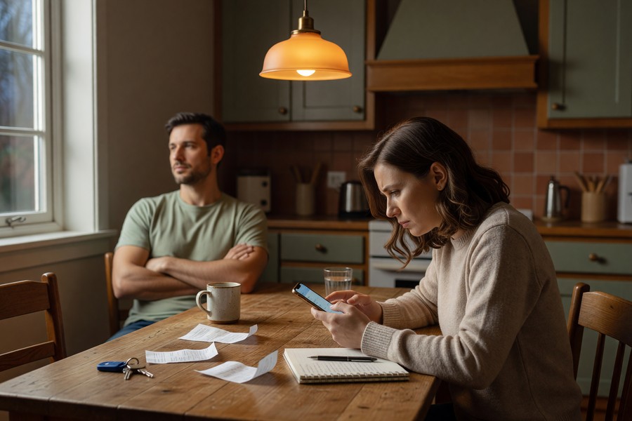 Couple reviewing shared budget dashboard together on a tablet at home