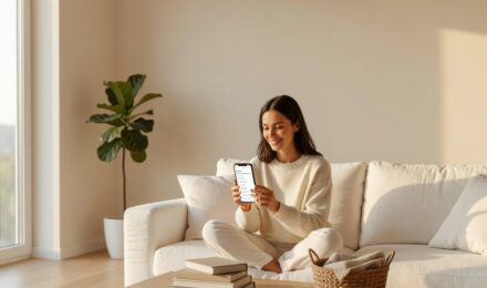 Person using a decluttering app on a smartphone surrounded by neatly organized minimalist home items