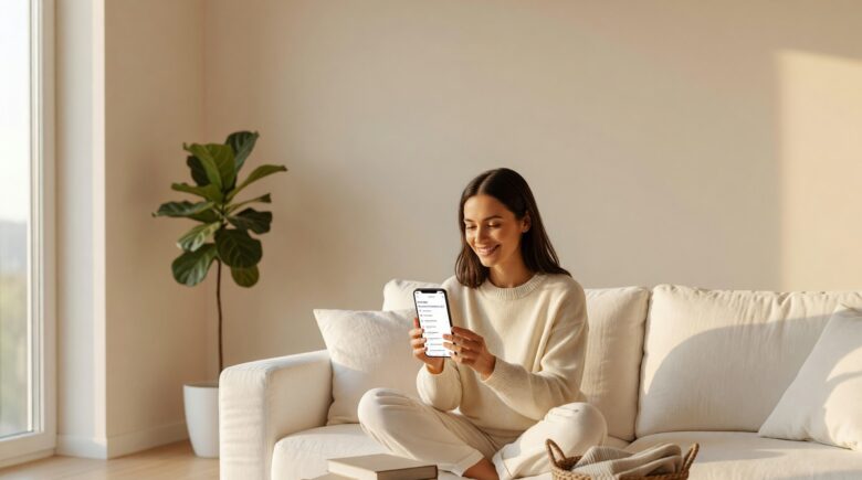 Person using a decluttering app on a smartphone surrounded by neatly organized minimalist home items