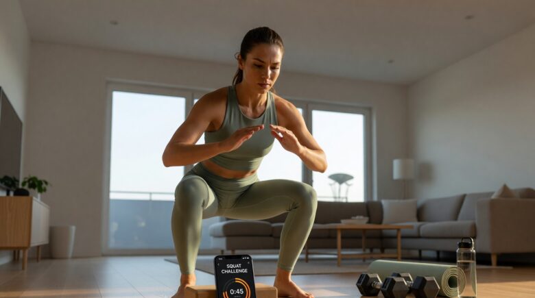 Person using a fitness app on smartphone during a home workout routine