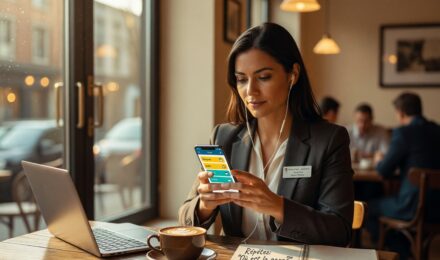 Busy adult using a language learning app on a smartphone