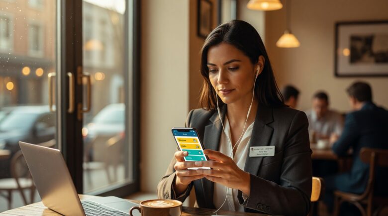 Busy adult using a language learning app on a smartphone