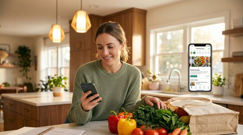 Smartphone displaying a meal planning app with weekly meal schedule and grocery list