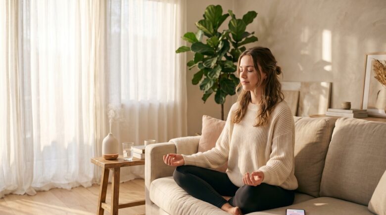Person using a meditation app for beginners on a smartphone while sitting in a calm, relaxed setting