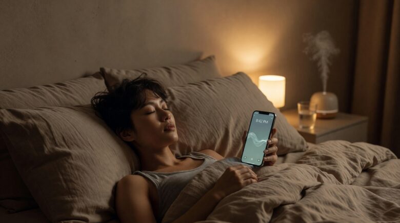 Person using a meditation app on a smartphone to fall asleep in a calm bedroom