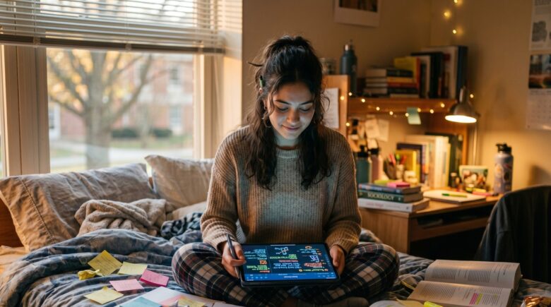 Student using a note-taking app on a tablet to stay organized during class