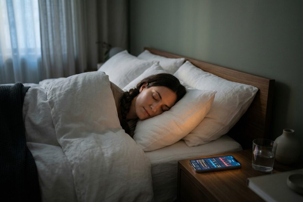 Best sleep tracking apps displayed on a smartphone screen beside a sleeping person