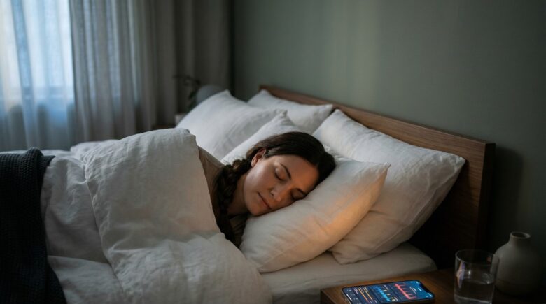 Best sleep tracking apps displayed on a smartphone screen beside a sleeping person