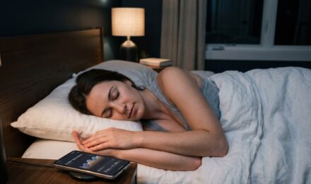 Smartphone on a nightstand displaying a sleep tracking app with a full battery indicator