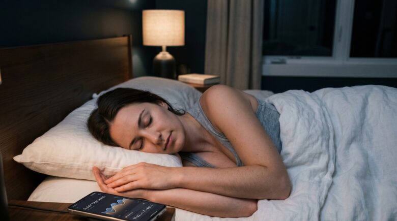 Smartphone on a nightstand displaying a sleep tracking app with a full battery indicator