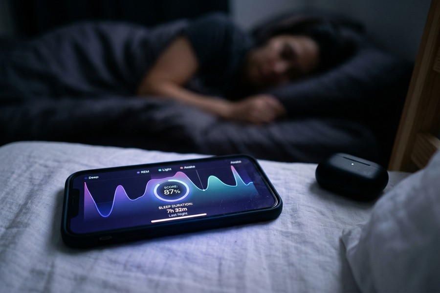 Sleep Cycle app interface showing a nightly sleep graph with light, deep, and REM stage breakdown
