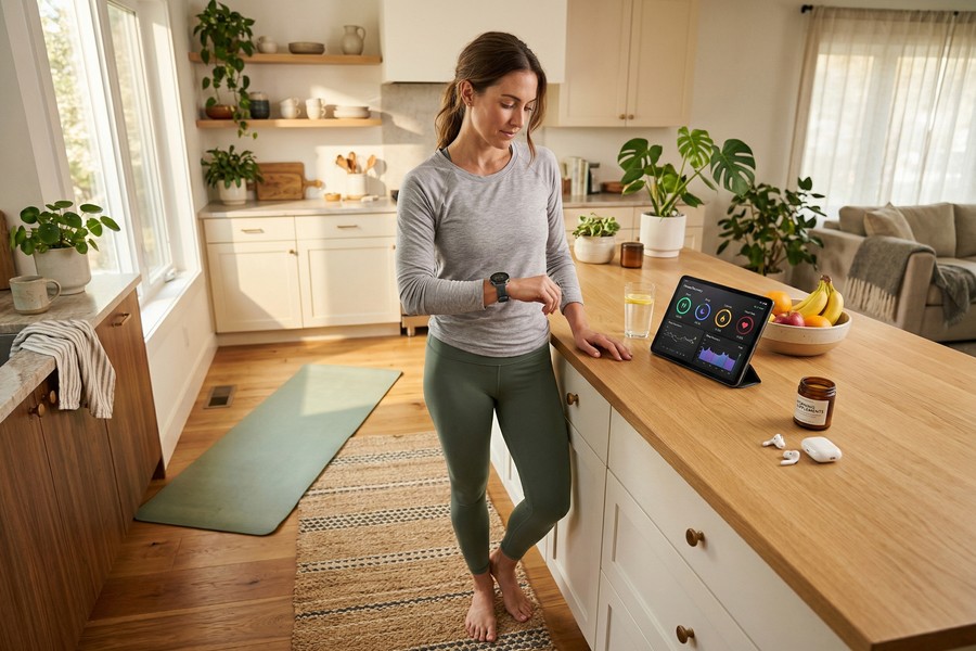 Person sleeping with a smartwatch displaying real-time heart rate and sleep stage data on a paired smartphone app