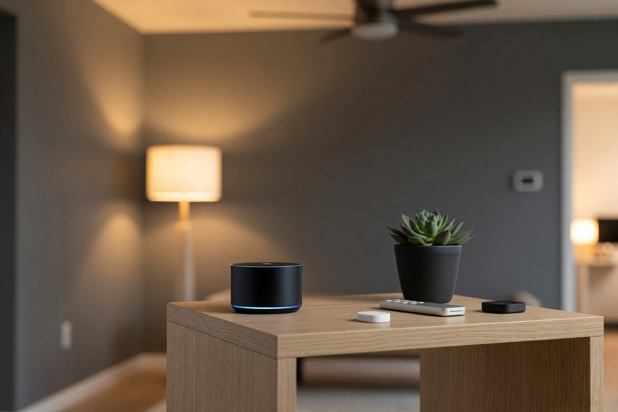 Side-by-side comparison of five smart home hubs on a desk including Echo, SmartThings, and HomePod mini