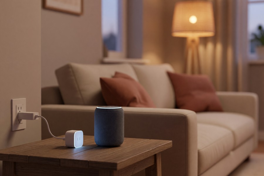Various budget smart plugs laid out next to a smartphone showing a smart home app dashboard