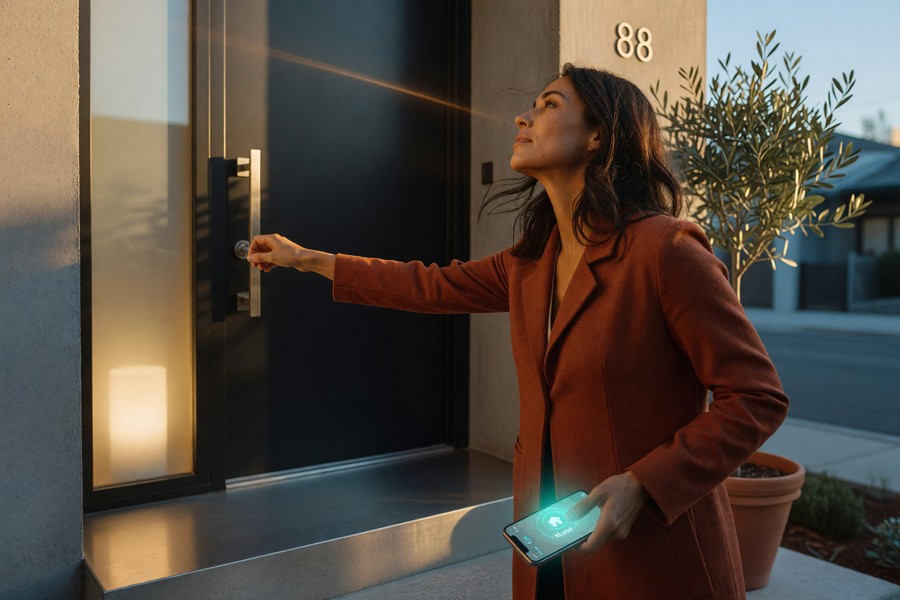 A smart plug inserted into a wall outlet with a lamp connected, showing automation scheduling on a phone screen
