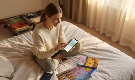 Person using travel planning apps on a smartphone to organize a trip itinerary