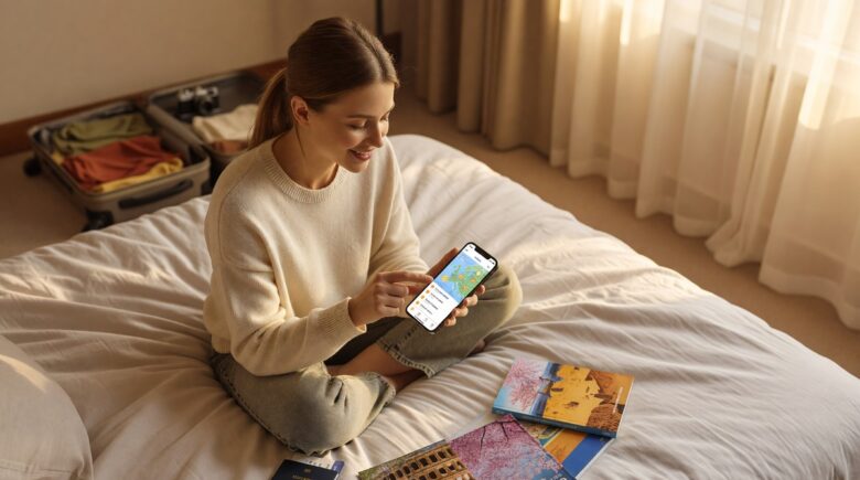 Person using travel planning apps on a smartphone to organize a trip itinerary