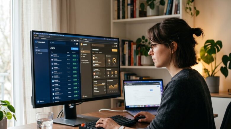 Bitwarden vs 1Password pro features side-by-side comparison on a laptop screen