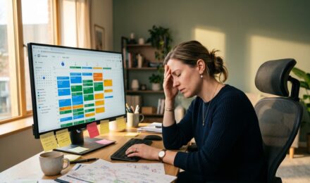 Person looking frustrated at a cluttered digital calendar on a laptop screen