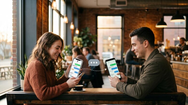 iPhone and Android phone exchanging messages side by side illustrating cross-platform messaging