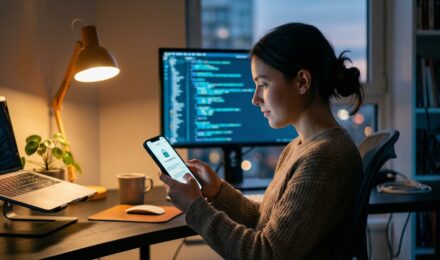 Illustration of end-to-end encryption protecting private messages between two smartphones