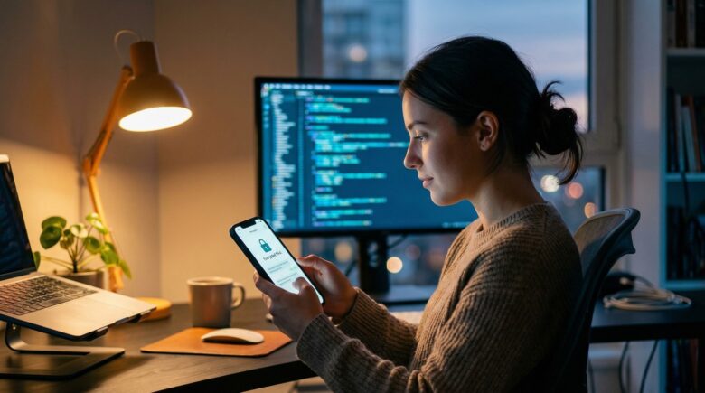 Illustration of end-to-end encryption protecting private messages between two smartphones