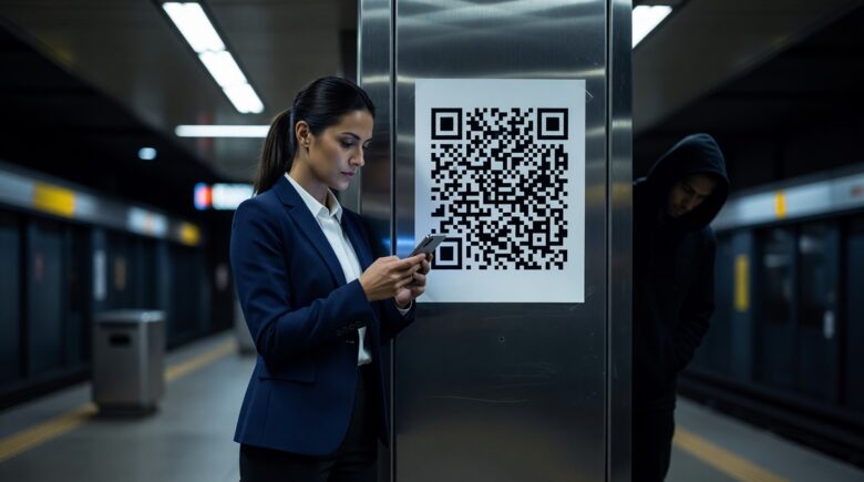Cybercriminal placing a fake QR code sticker over a legitimate one to steal user information
