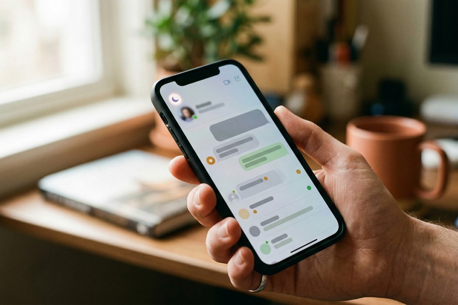 Side-by-side view of a Slack status showing "In a Focus Session" synced with iPhone Work Focus Mode active