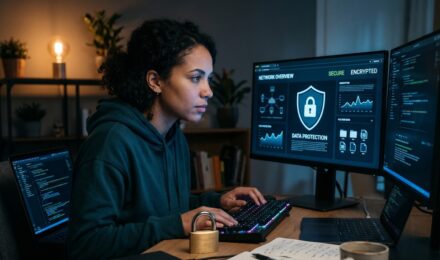 Freelancer working on laptop with digital security icons and lock symbols representing client data protection on a budget