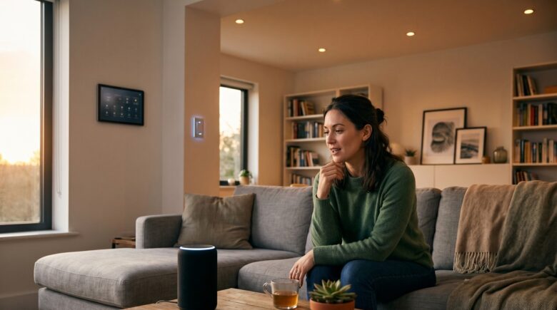 Google Assistant smart home routine setup on a smartphone with smart devices in the background