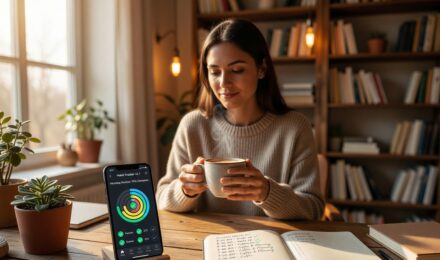 Remote worker using habit apps on a phone to follow a morning routine at a desk