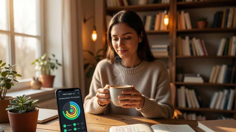 Remote worker using habit apps on a phone to follow a morning routine at a desk