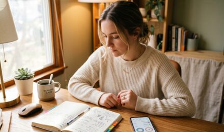 Side-by-side comparison of a habit tracking app on a smartphone and a paper planner with habit logs on a desk