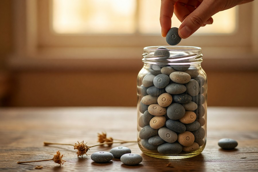 A person using a habit tracking app on a smartphone while sitting at a calm workspace