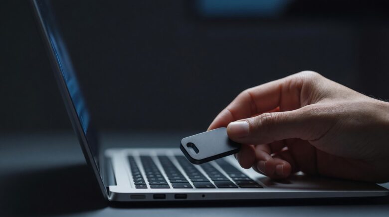 A hardware security key plugged into a laptop USB port for securing online accounts
