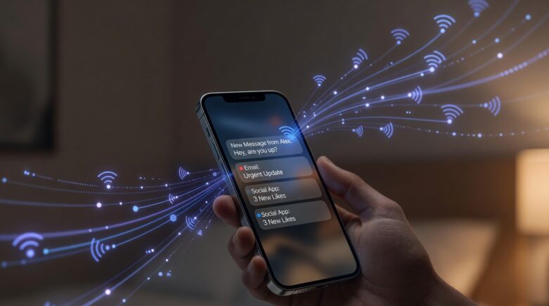 Diagram showing how push notifications work from server to smartphone screen
