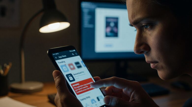 Android smartphone screen showing a warning alert about a fake app download