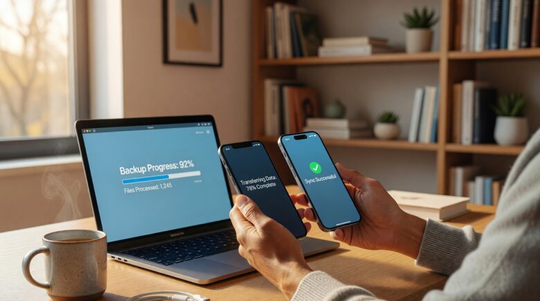 Person backing up chat history on smartphone before switching to a new phone