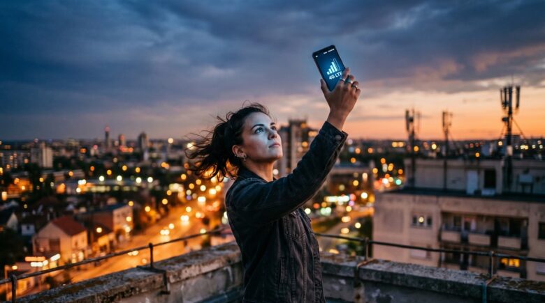Person holding Android phone with signal bars improving in a low coverage area