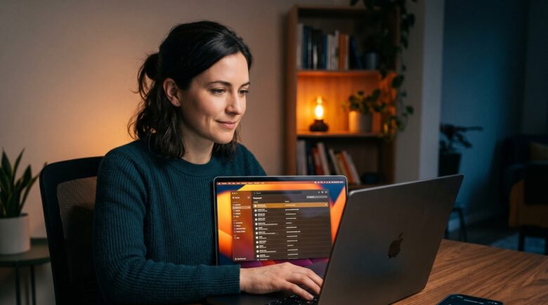 Person setting up a personal digital security routine on a laptop and smartphone