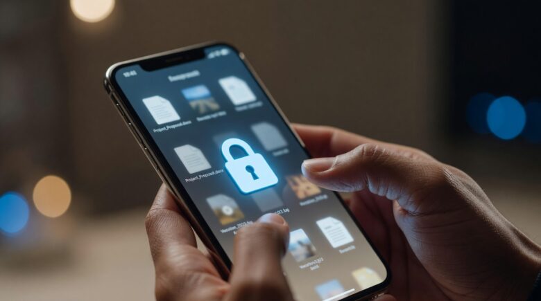 Person encrypting files on a smartphone before sharing them securely